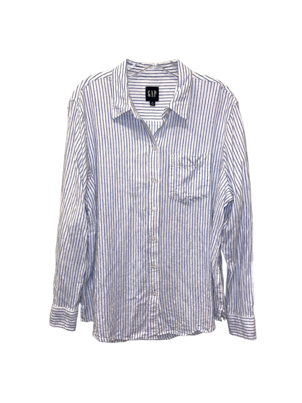 Gap Women's Size XL Linen Blend Button Down Shirt Long Sleeve Striped White Blue